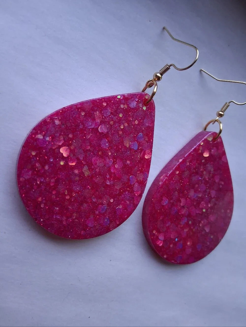 Hand Crafted Hot Pink Glitter Teardrop Dangle Earrings